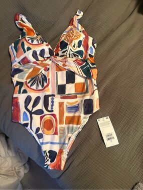 Next Direct Cream/Brown Abstract Plunge Tummy Control Swimsuit